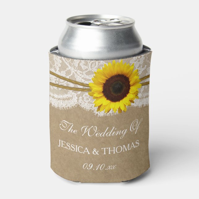 The Kraft, Lace & Sunflower Wedding Collection Can Cooler (Can Front)