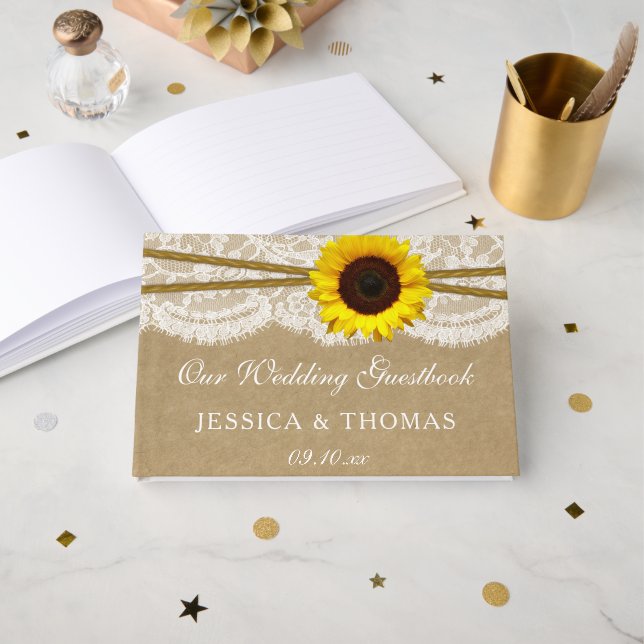 The Kraft, Lace & Sunflower Wedding Collection Guest Book (Front Open)