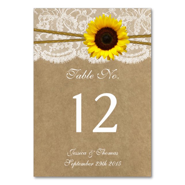 The Kraft, Lace & Sunflower Wedding Collection Table Number (Front)