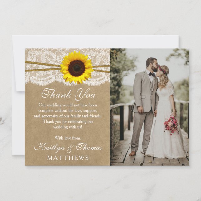 The Kraft, Lace & Sunflower Wedding Collection Thank You Card (Front)