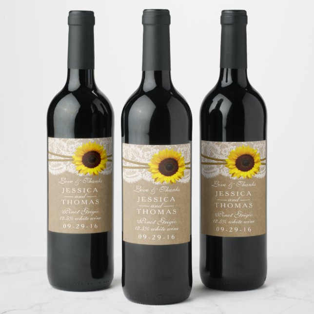 The Kraft, Lace & Sunflower Wedding Collection Wine Label (Bottles)