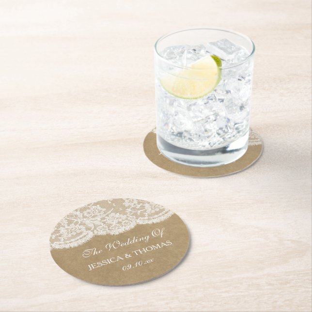 The Kraft & Lace Wedding Collection Round Paper Coaster (Insitu)