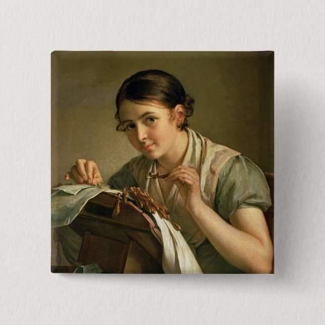The Lacemaker, 1823 2 Inch Square Button (Front)