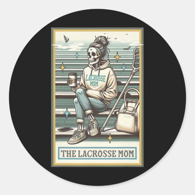 The Lacrosse Mom Skeleton Tarot Card Funny Mother' Classic Round Sticker (Front)