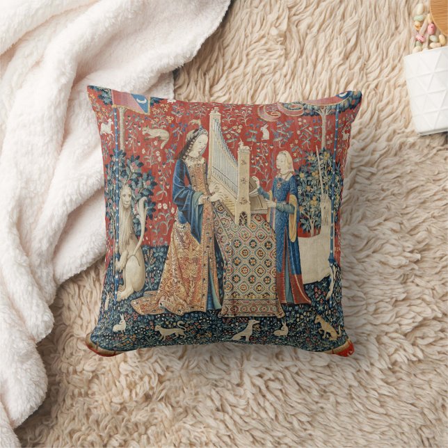The Lady and the Unicorn (Hearing) Throw Pillow (Blanket)