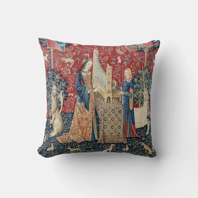 The Lady and the Unicorn, Hearing Throw Pillow (Front)