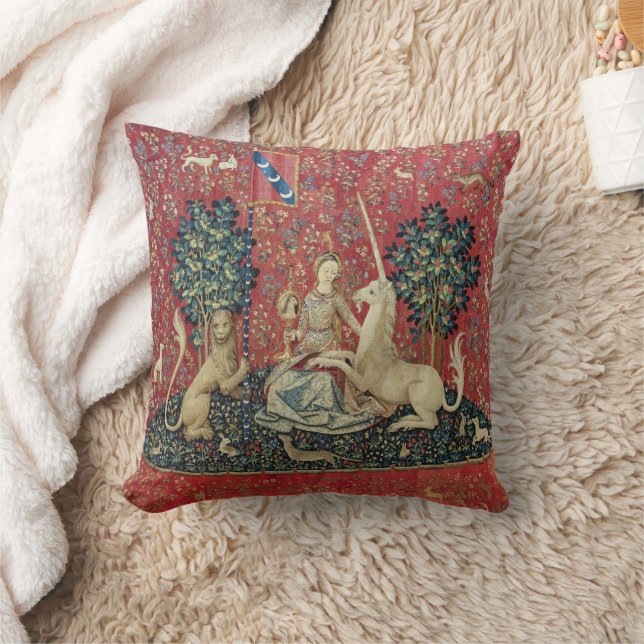 The Lady and the Unicorn (Sight) Throw Pillow (Blanket)