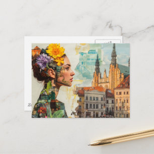 The Lady in a City Collage Flowers and Buildings Postcard