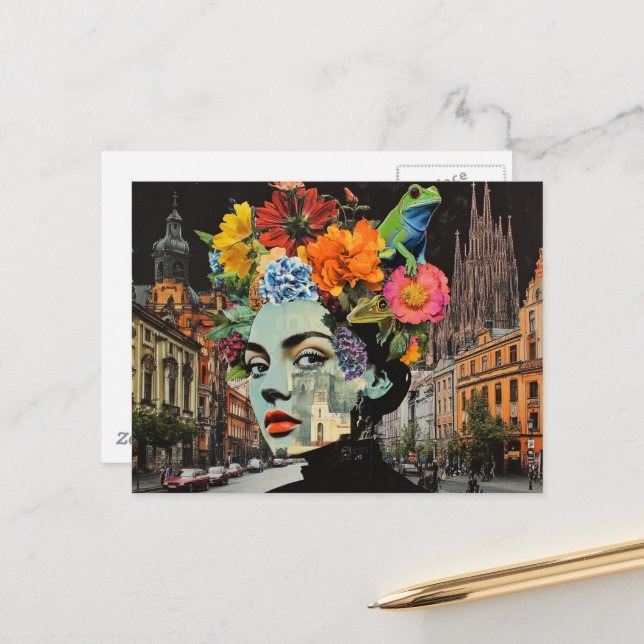 The Lady in a Collage of Flowers Buildings Frogs Postcard (Front/Back In Situ)