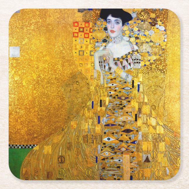 The Lady in Gold, Gustav Klimt Square Paper Coaster (Front)