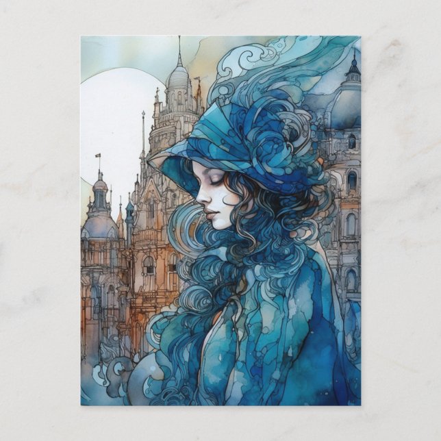 The Lady in the City Dressed in Blue Postcard (Front)