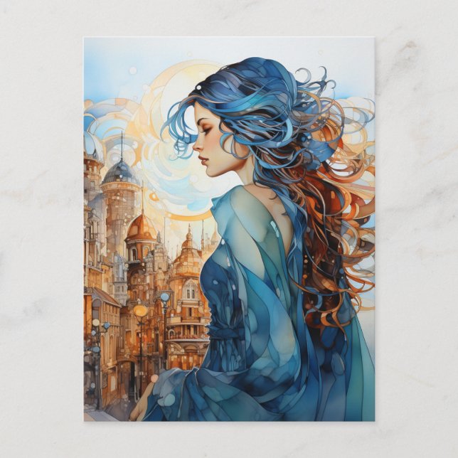 The Lady in the City With Blue Hair Postcard (Front)