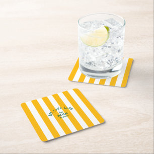 The Lake Club Custom Crest Yellow Nautical Stripe Square Paper Coaster
