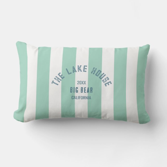 The Lake House Blue Crest Green Nautical Stripe Lumbar Pillow (Front)