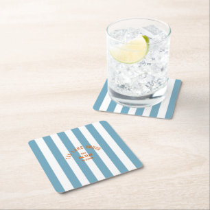 The Lake House Custom Crest Blue Nautical Stripe Square Paper Coaster