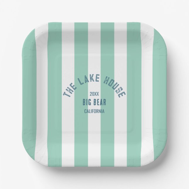 The Lake House Custom Crest Green Nautical Stripe Paper Plate (Front)