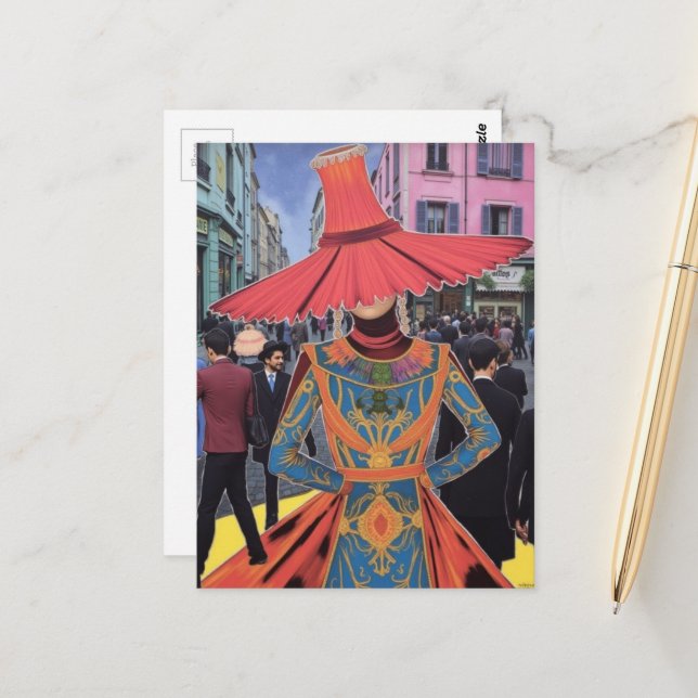 The Lampshade Hat Lady in the City Postcard (Front/Back In Situ)
