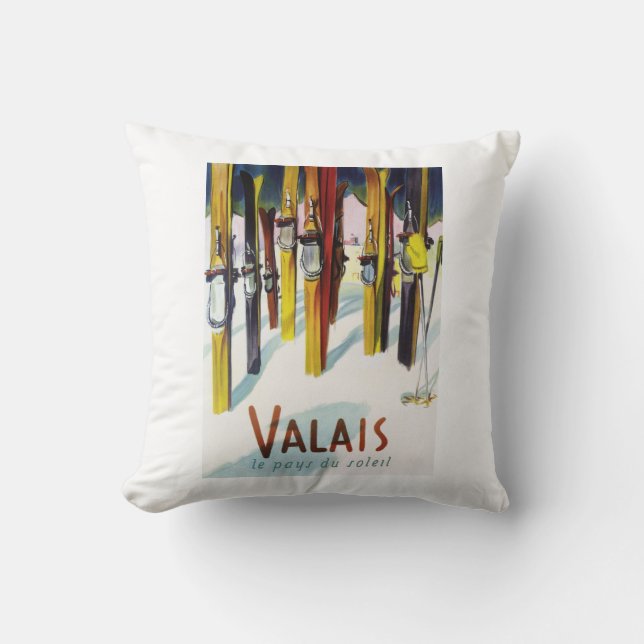 The Land of Sunshine - Skis Standing in Snow Throw Pillow (Front)