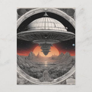 The large dark spaceship was sailing through deep  postcard