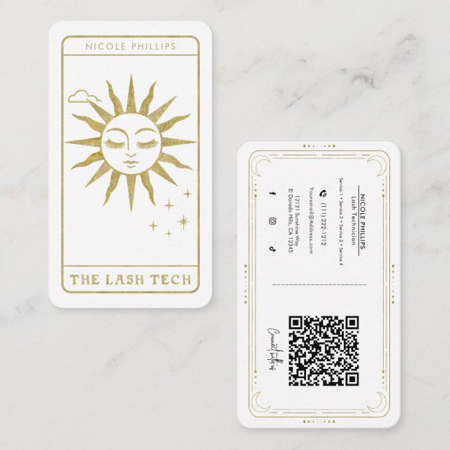 The Lash Tech Golden Sun Tarot Social Media QR Business Card (Front/Back)