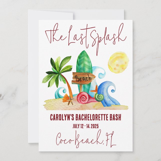 The Last Splash, Beach, Surfing Bachelorette Party Invitation (Front)
