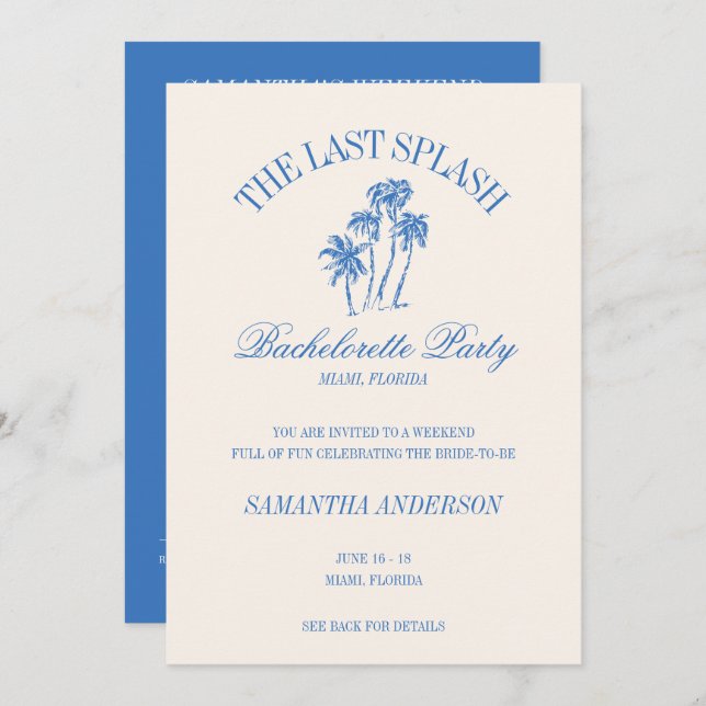 The Last Splash Blue Retro Beach Bachelorette Invitation (Front/Back)