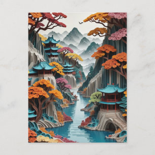The layered paper Chinese cliff landscape is a bea Holiday Postcard