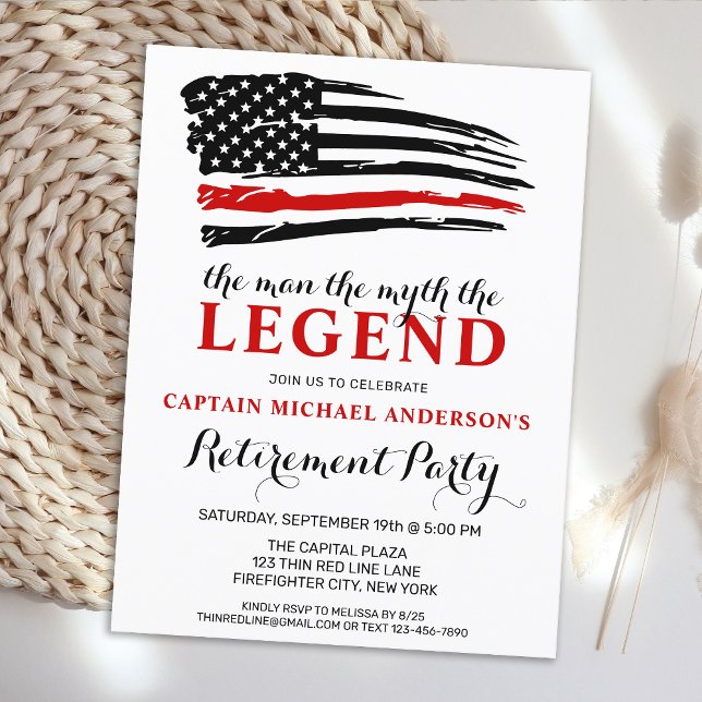The Legend Firefighter Thin Red Line Retirement  Invitation Postcard (Creator Uploaded)