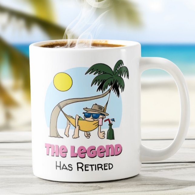 The Legend Has Retired Funny Chill Hammock Cartoon Coffee Mug (The LEGEND Has Retired coffee mug on tropical beach)