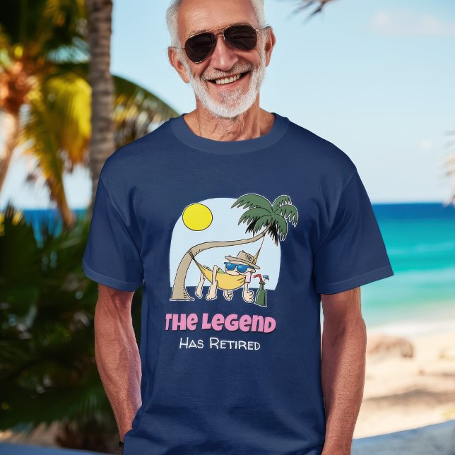 The Legend Has Retired Funny Chill Hammock Cartoon T-Shirt (happy retiree on tropical beach)