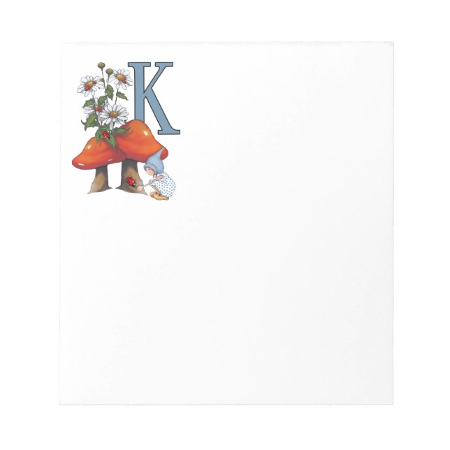 The Letter K, INITIAL, Toadstools, Gnome, Ladybug Notepad (Front)