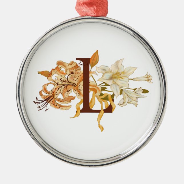 The Letter L with Lilies Metal Ornament (Front)