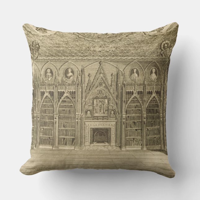 The Library, engraved by Godfrey, from 'Descriptio Throw Pillow (Front)