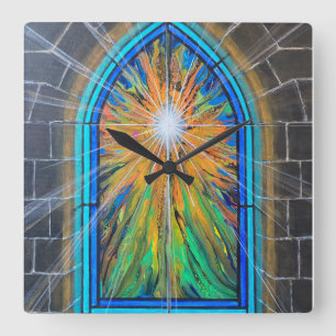 The Light 3 Church Stained Glass Window Square Wall Clock