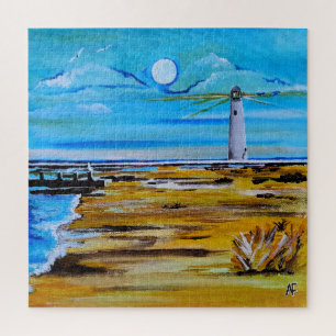 The Lighthouse on the Beach Painting by Alfred Fox Jigsaw Puzzle