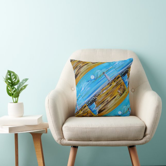 The Lighthouse on the Beach Painting by Alfred Fox Throw Pillow (Chair)