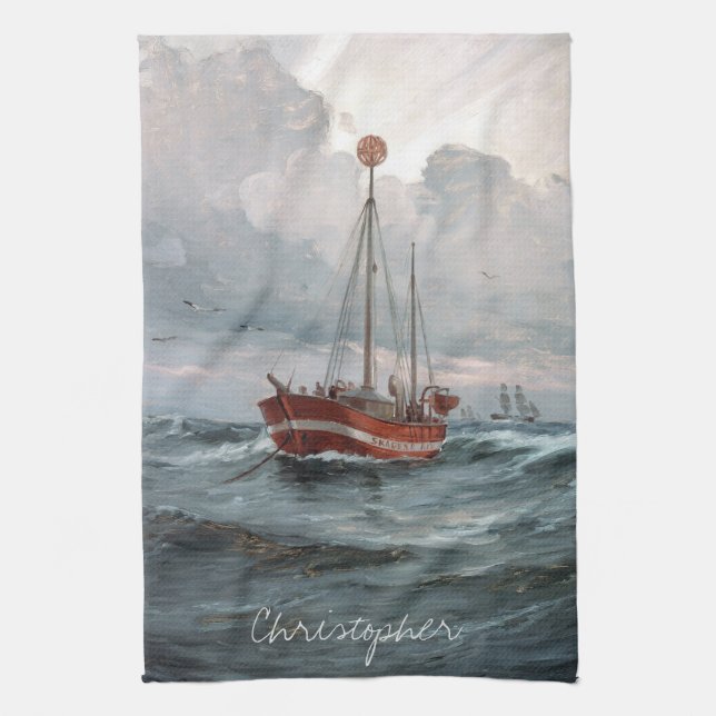 The lightship at Skagen Reef Personalize Kitchen Towel (Vertical)