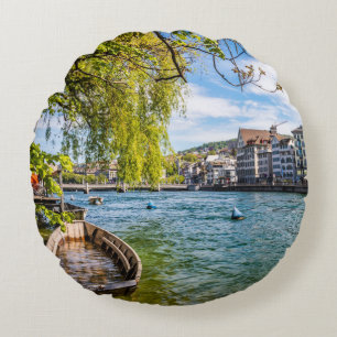 The Limmat River, Zurich Round Pillow