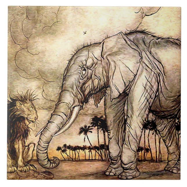 “The Lion and The Elephant” by Arthur Rackham Tile (Front)