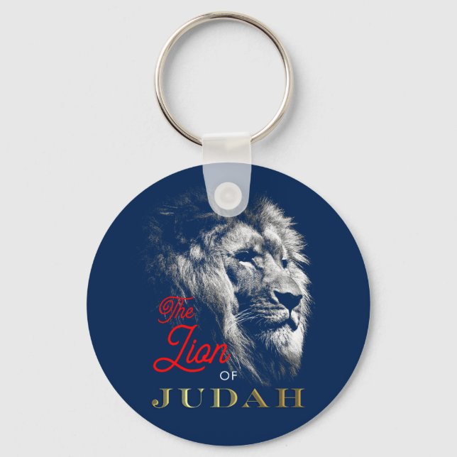 The Lion of Judah Navy Blue Red Gold Christian Keychain (Front)