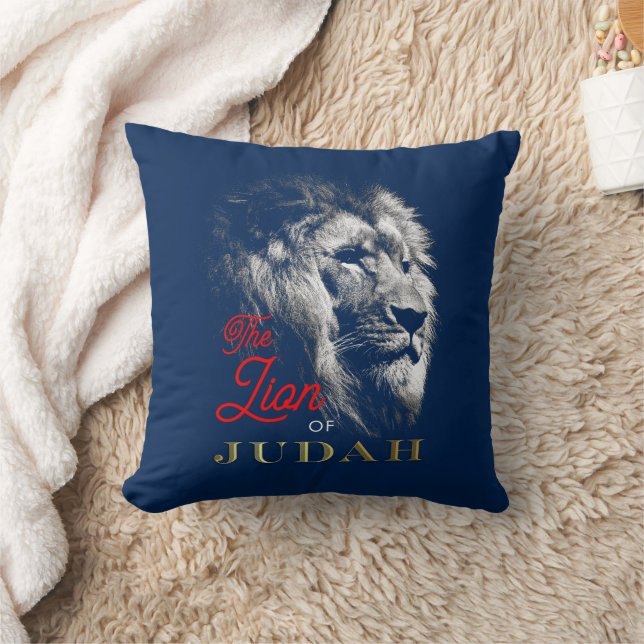 The Lion of Judah Navy Blue Red Gold Christian Throw Pillow (Blanket)