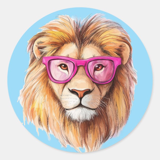 The Lion with Pink Glasses Blue Background Classic Round Sticker (Front)