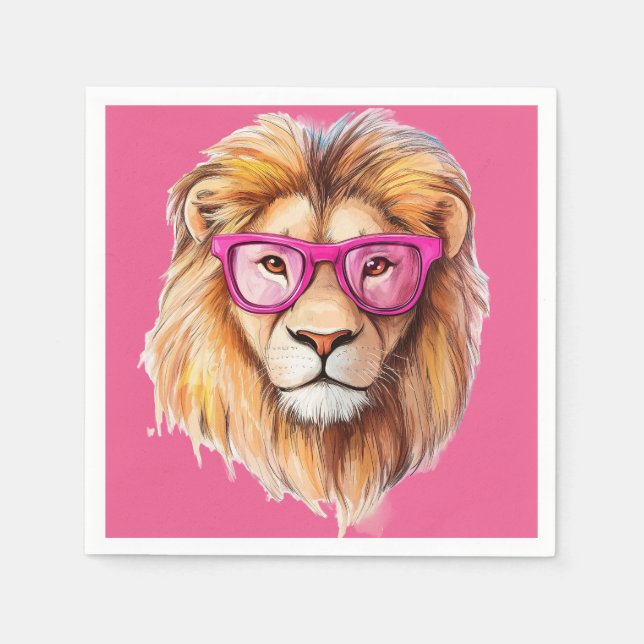 The Lion with Pink Glasses - Pink Background Napkin (Front)