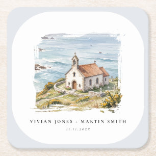 The Little Chapel By The Sea Wedding Square Paper Coaster
