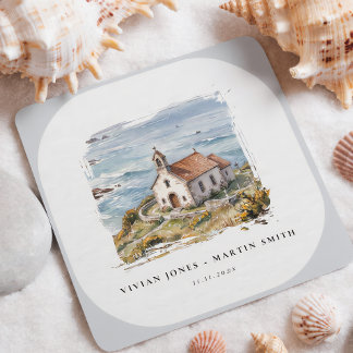 The Little Chapel By The Sea Wedding Square Paper Coaster
