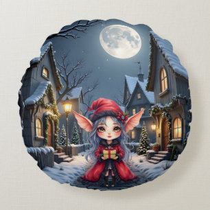 The Little Christmas Messenger. Round Pillow