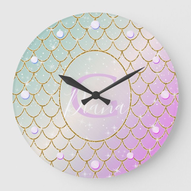 The Little Mermaid. Golden scales on a pink, turqu Large Clock (Front)
