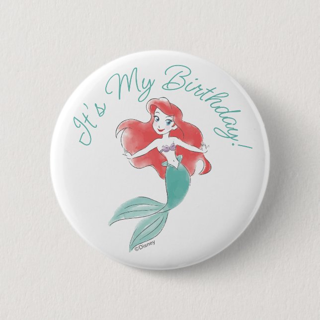 The Little Mermaid | Watercolor Birthday 2 Inch Round Button (Front)