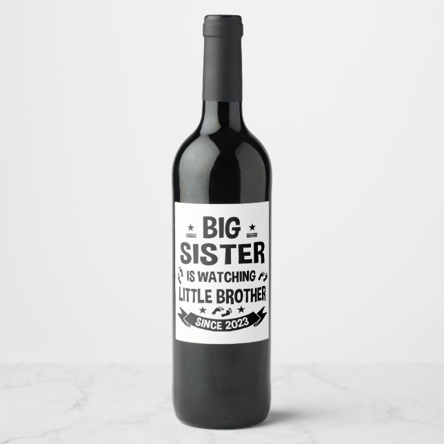 The little sister takes care of the big brother in wine label (Front)