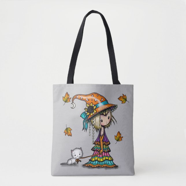 The Little Wanderer Witch and Cat Halloween Art Tote Bag (Front)